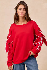 Trendsi BiBi Bow Detail Sleeves Fleece Sweatshirt -