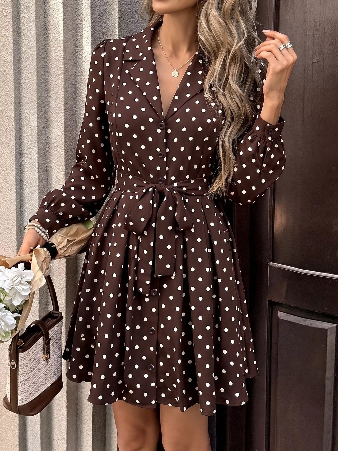 Trendsi Polka Dot Long Sleeve Shirt Dress -