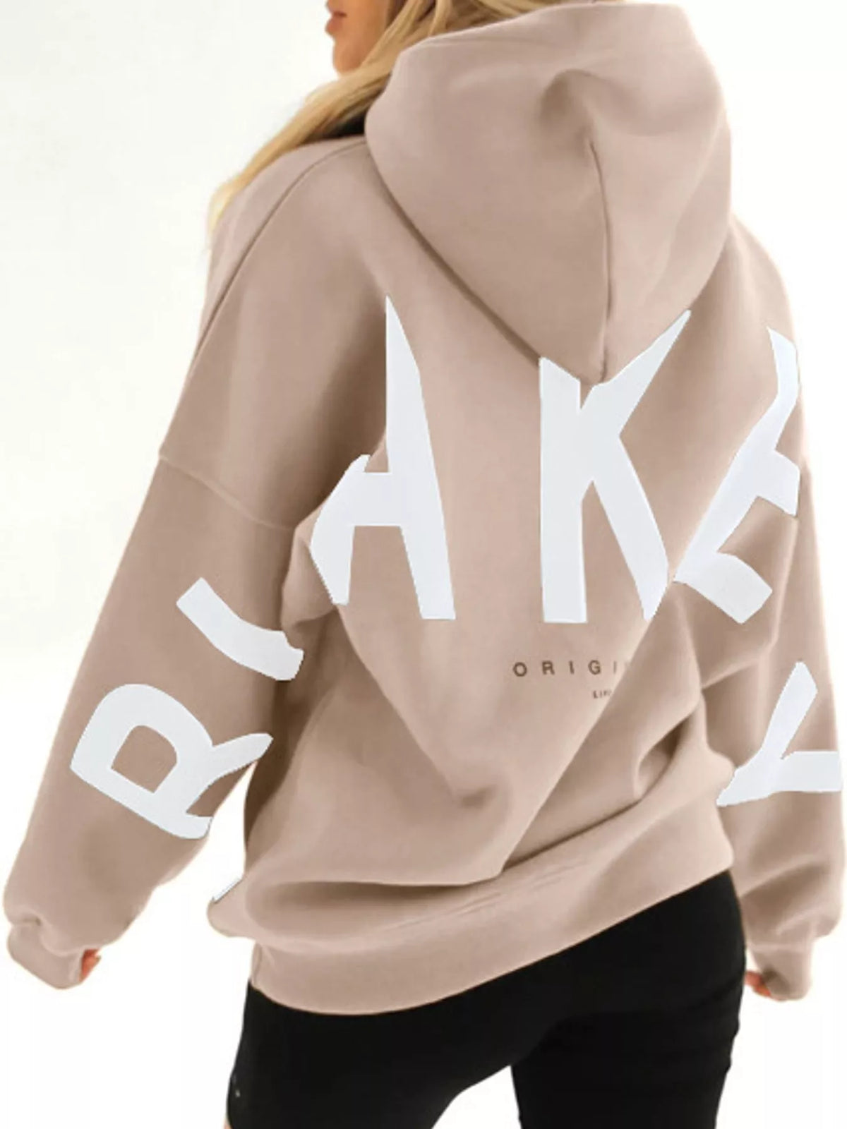Letter Back Dropped Shoulder Hoodie — back view