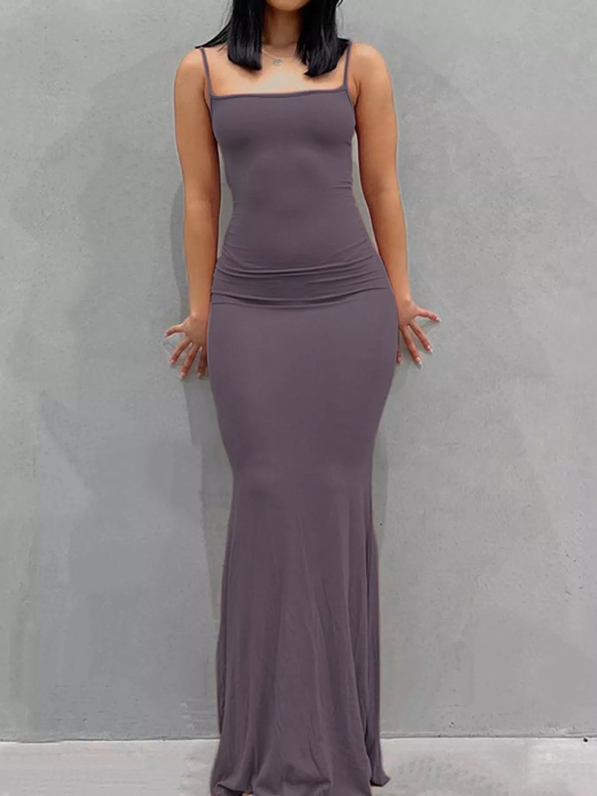 Gray bodycon spaghetti strap maxi dress, front view