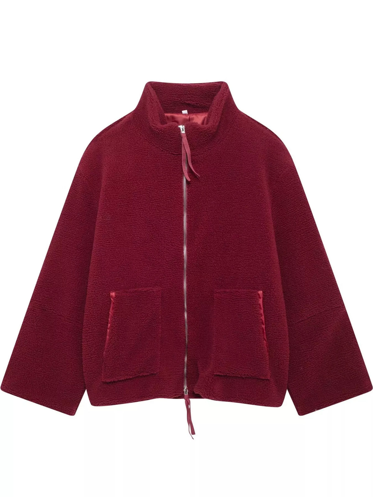 Burgundy oversized sherpa fleece zip-up jacket