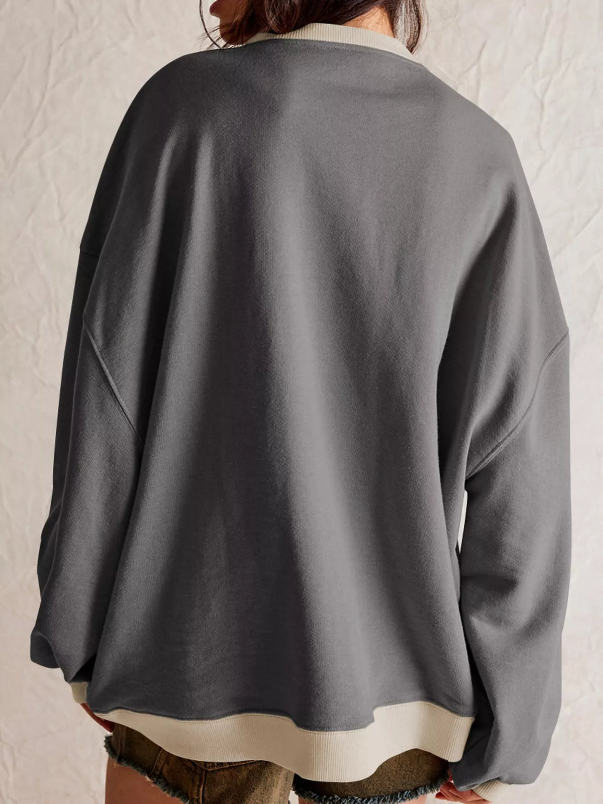 Gray dropped shoulder long sleeve sweatshirt, back view