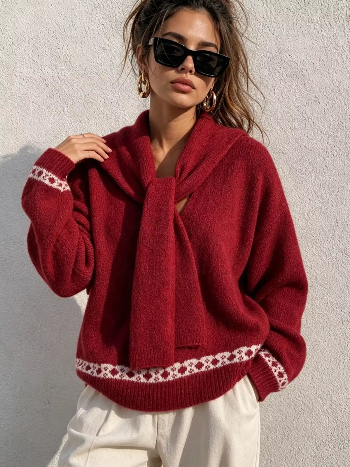Red scarf-detail dropped-shoulder sweater, front with hand at scarf.