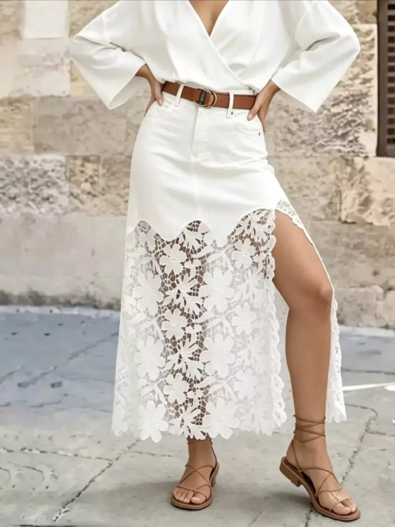 Trendsi Lace Trimmed Slit Skirt -
