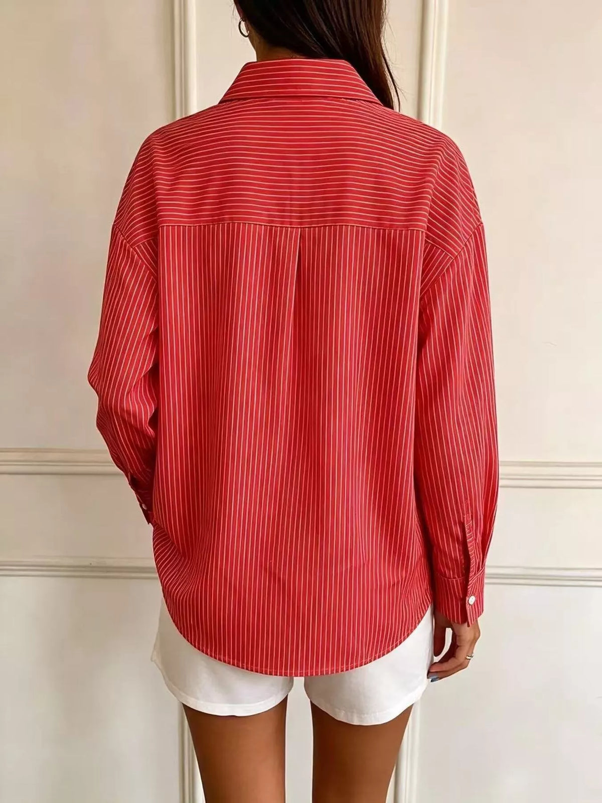 Red striped long sleeve shirt, back view