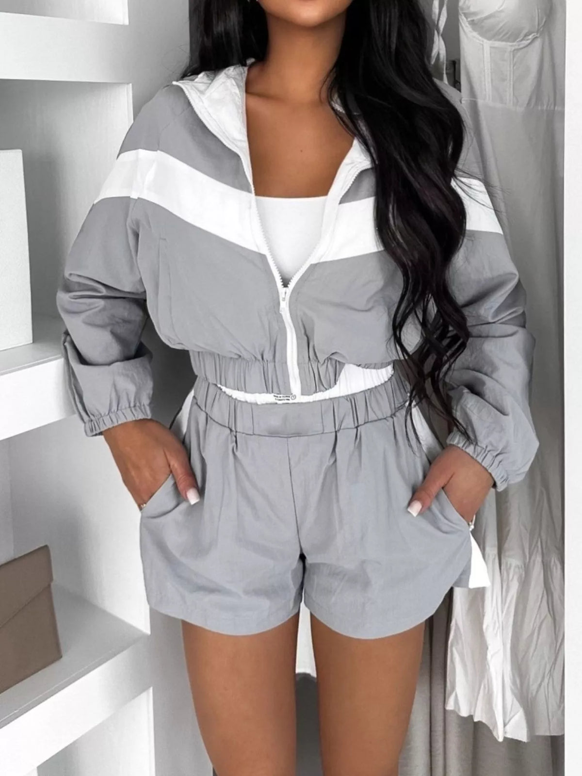 Trendsi Color Block Zip-Up Jacket and Shorts Two-Piece Set -