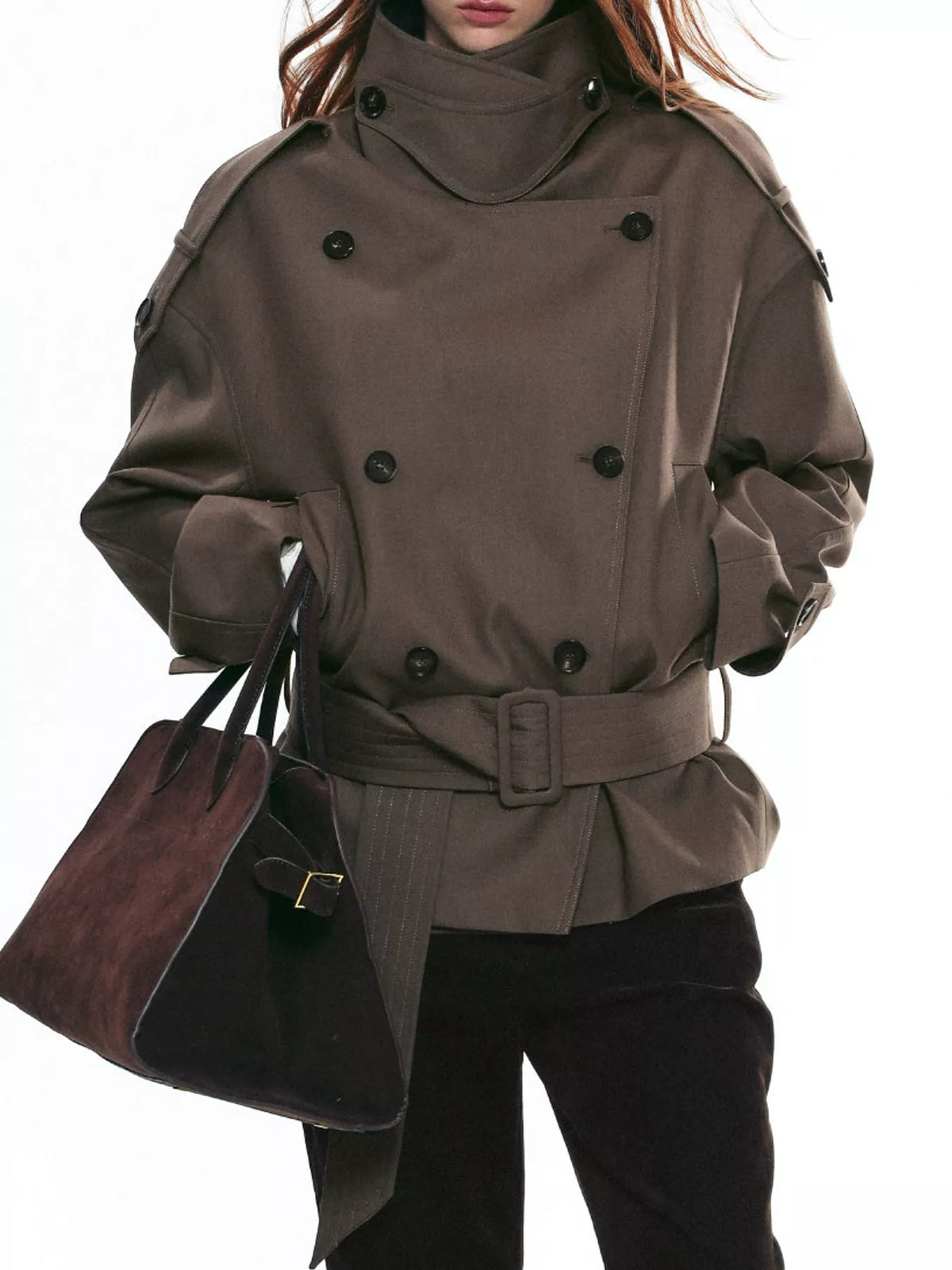 Women's Belted Waist Button Up Trench Jacket in brown — front view