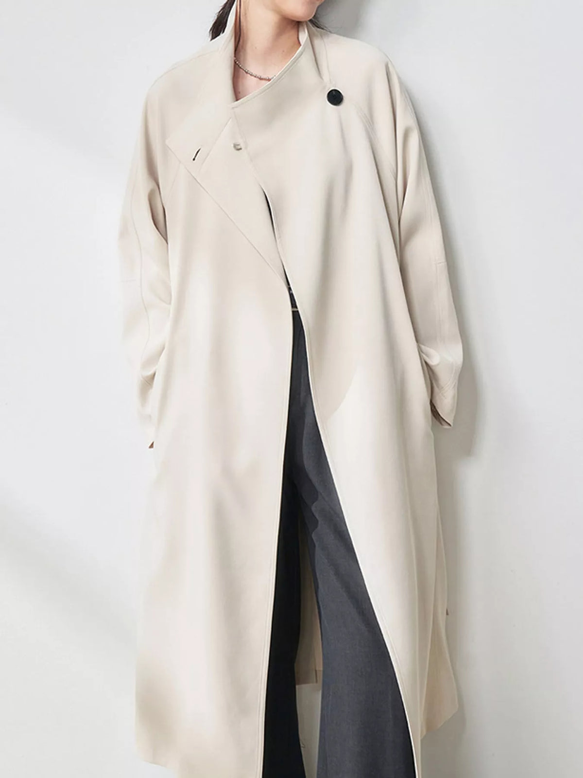 Asymmetric Button Longline Trench Coat in cream