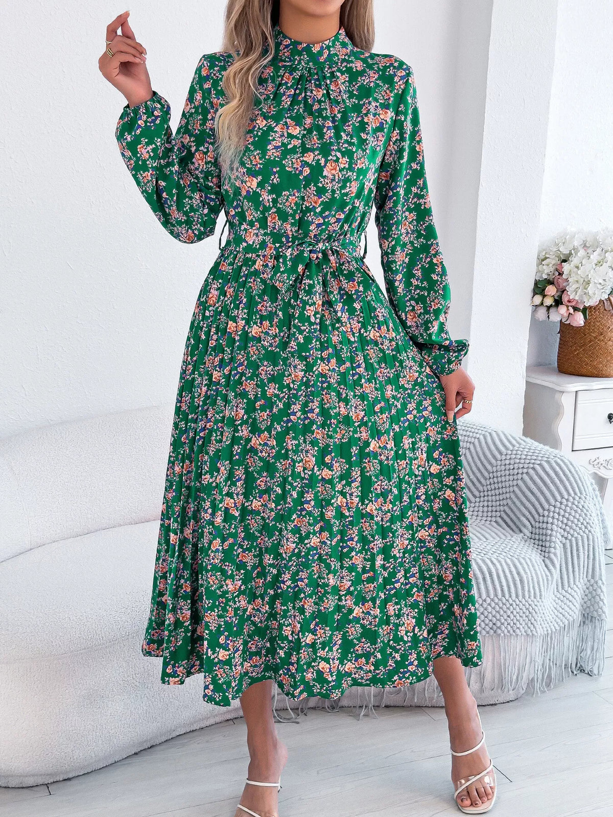 Green floral print long sleeve midi dress