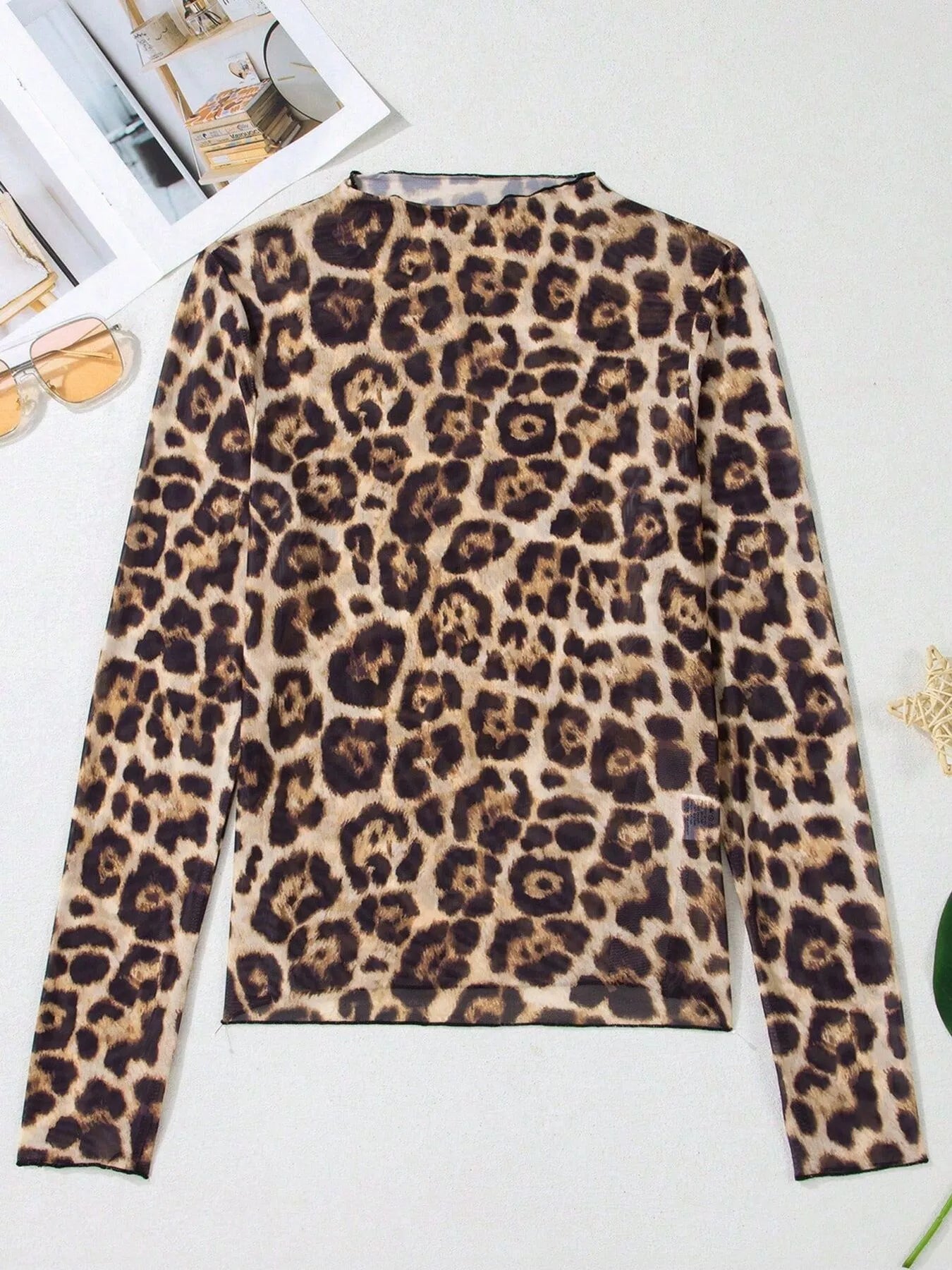 Trendsi Printed Mesh Long Sleeve Slim Fit Top -