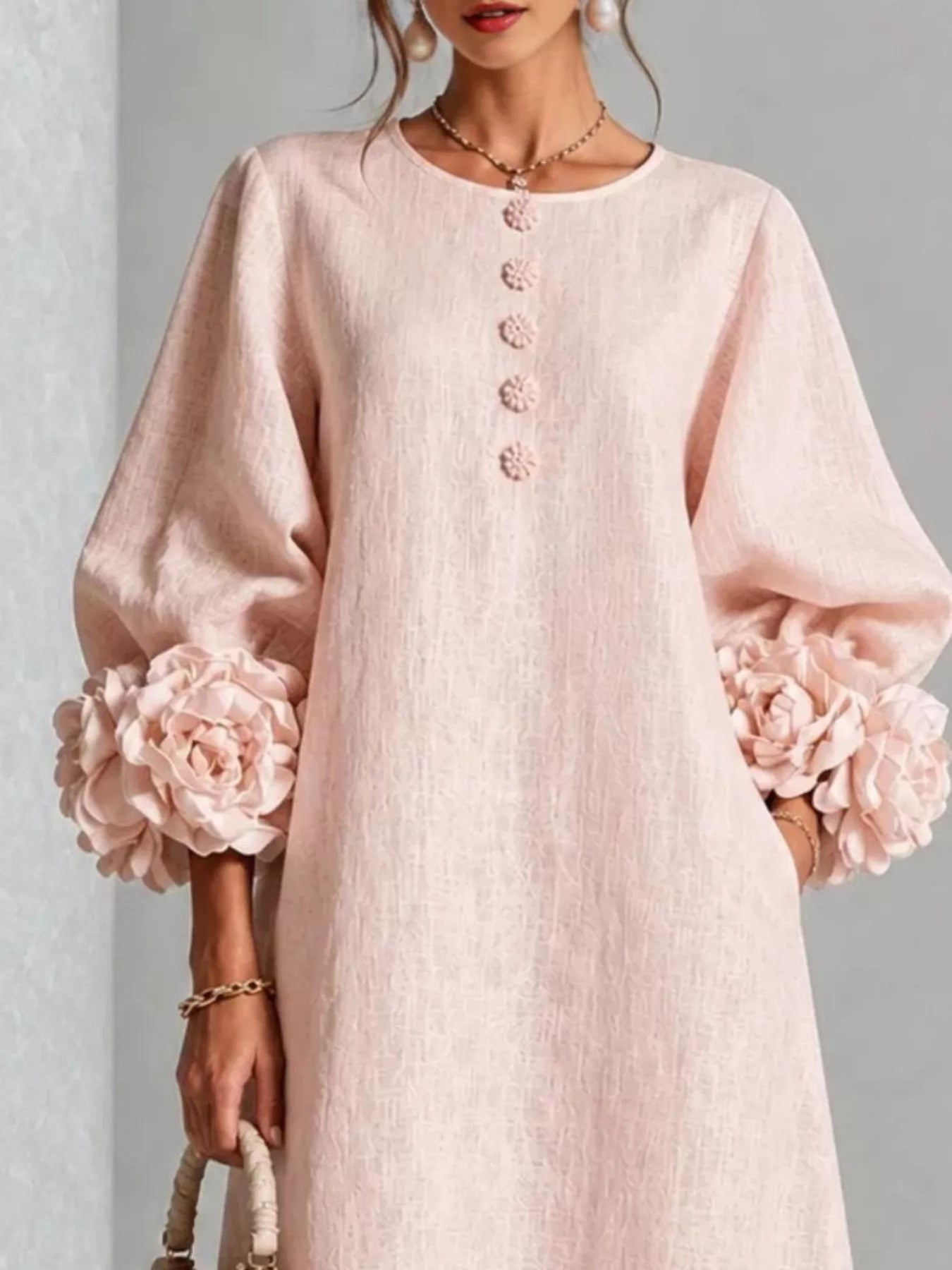 Trendsi 3D Floral Round Neck Midi Dress -