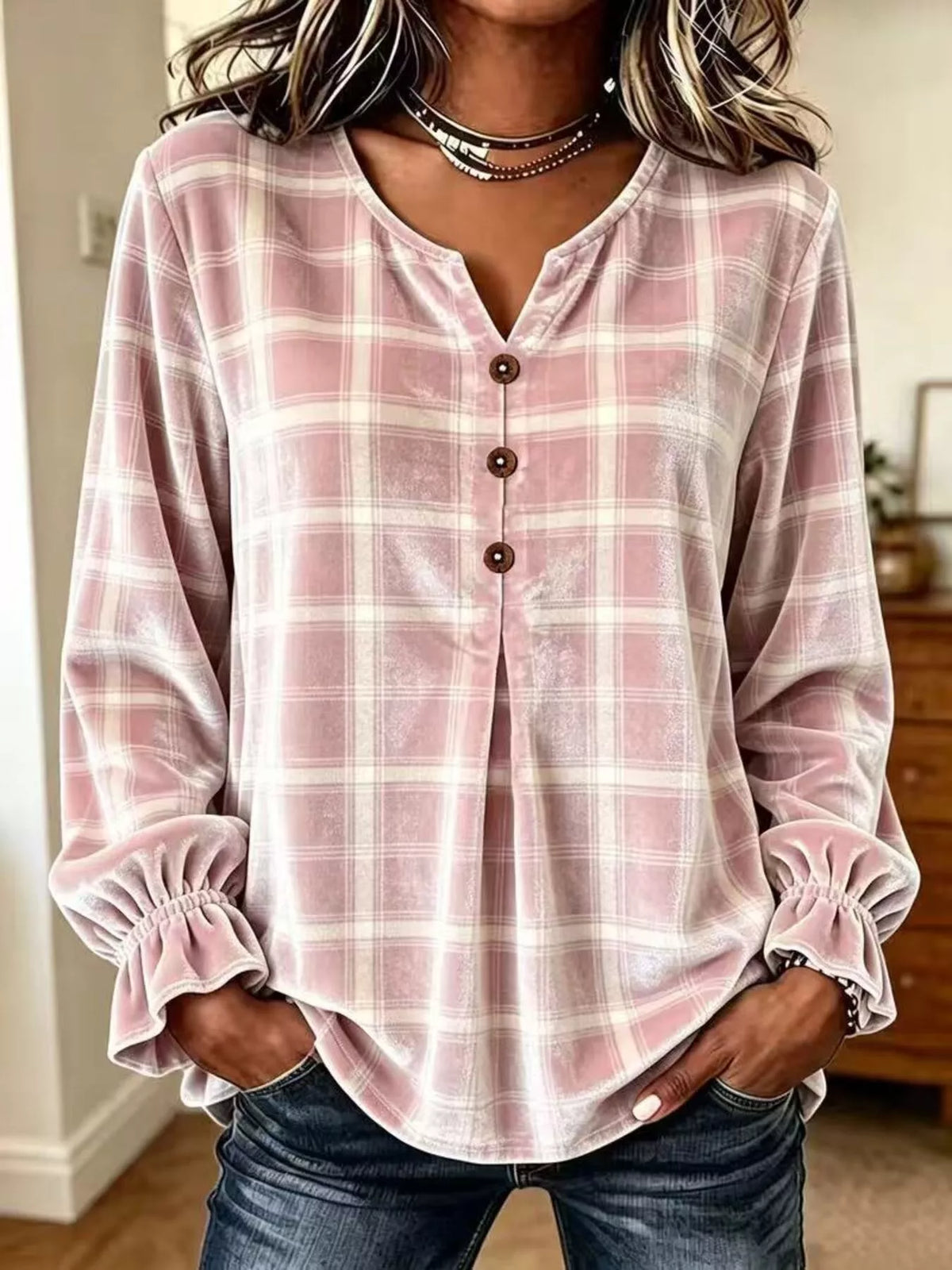 Pink plaid velvet balloon-sleeve blouse, front view