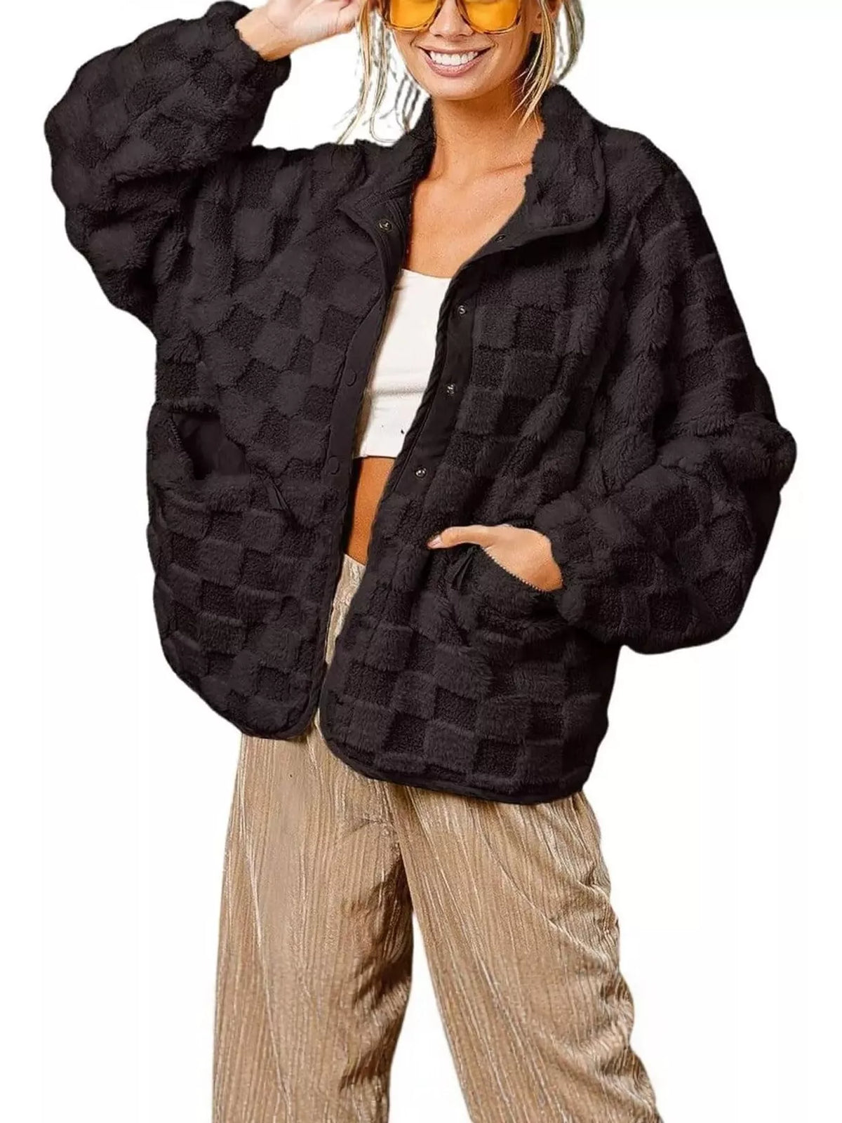 Black oversized checkerboard faux fur teddy jacket