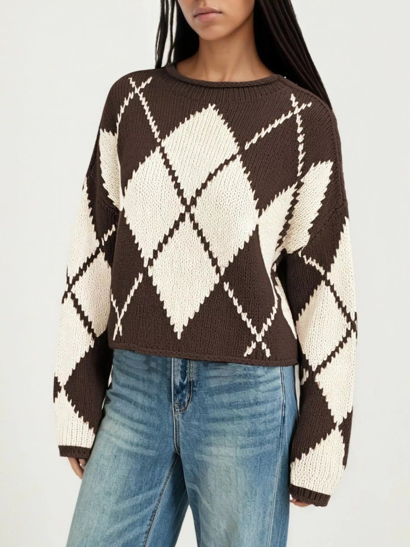 Trendsi Argyle Pattern Knit Dropped Shoulder Sweater -