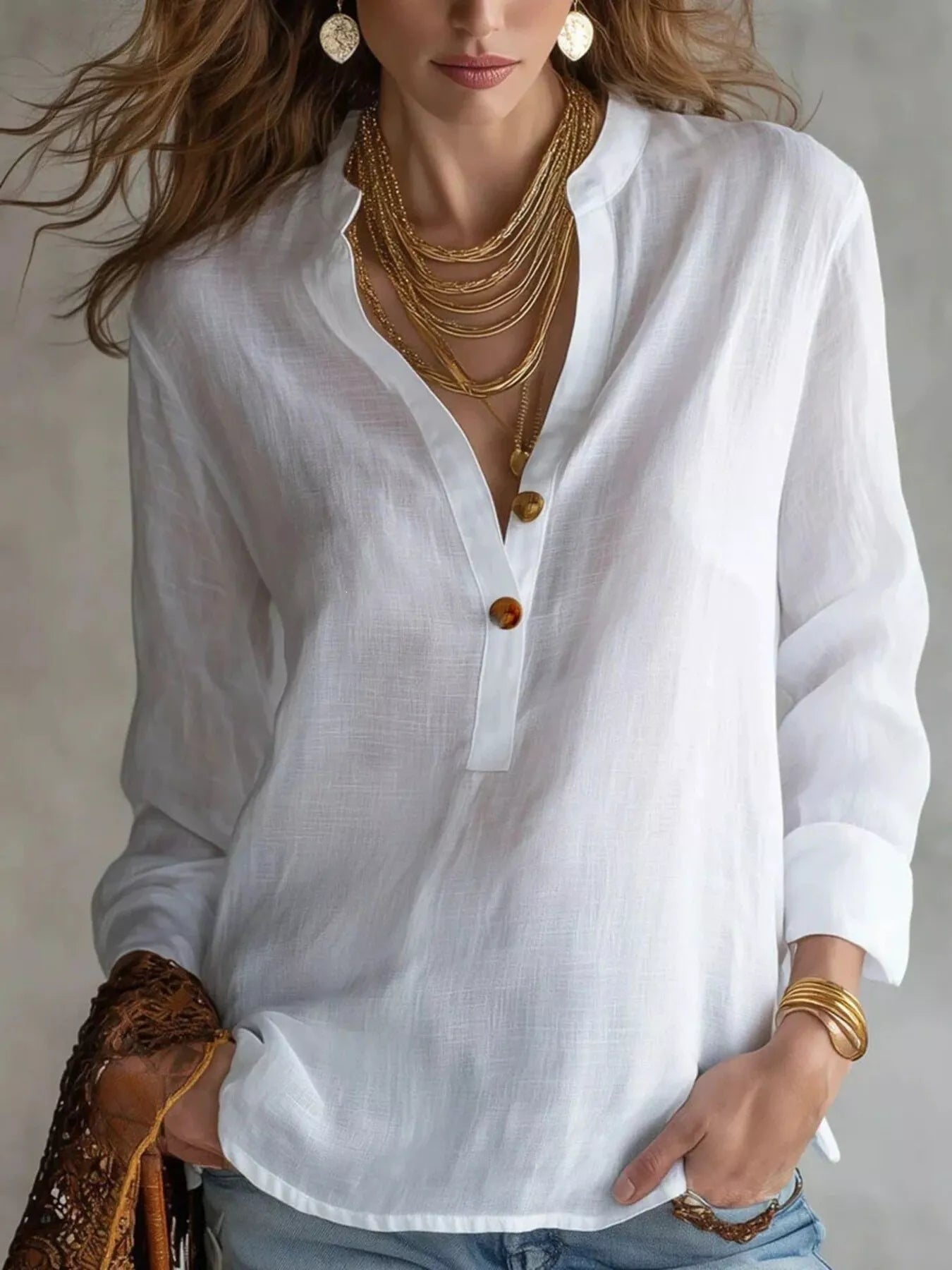 Trendsi Button Detail Long Sleeve Blouse -