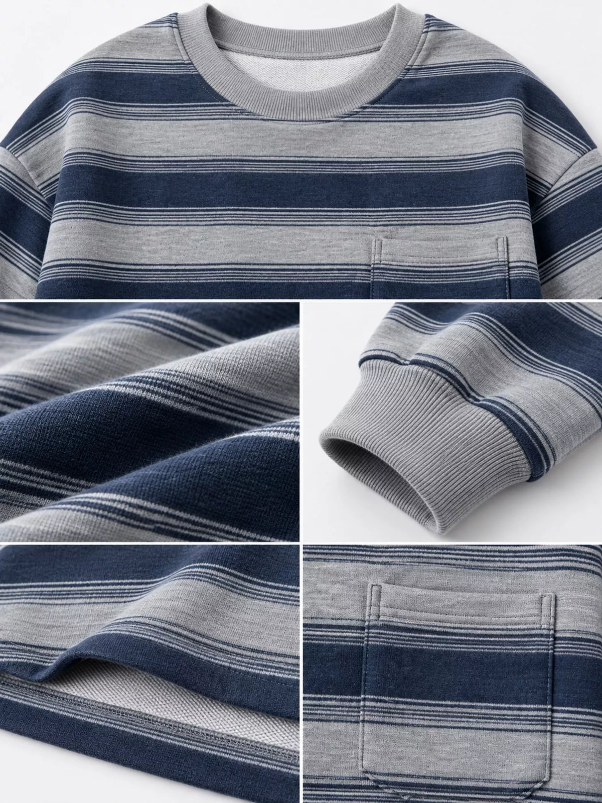 Women's Oversized Striped Crewneck Sweatshirt with Chest Pocket in blue and gray — detail collage view