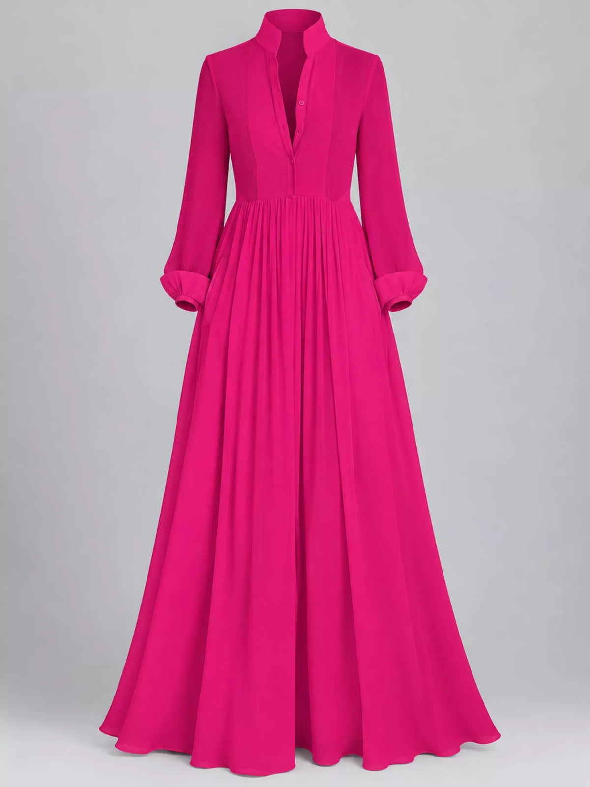 Hot pink long sleeve button-front maxi dress, product view