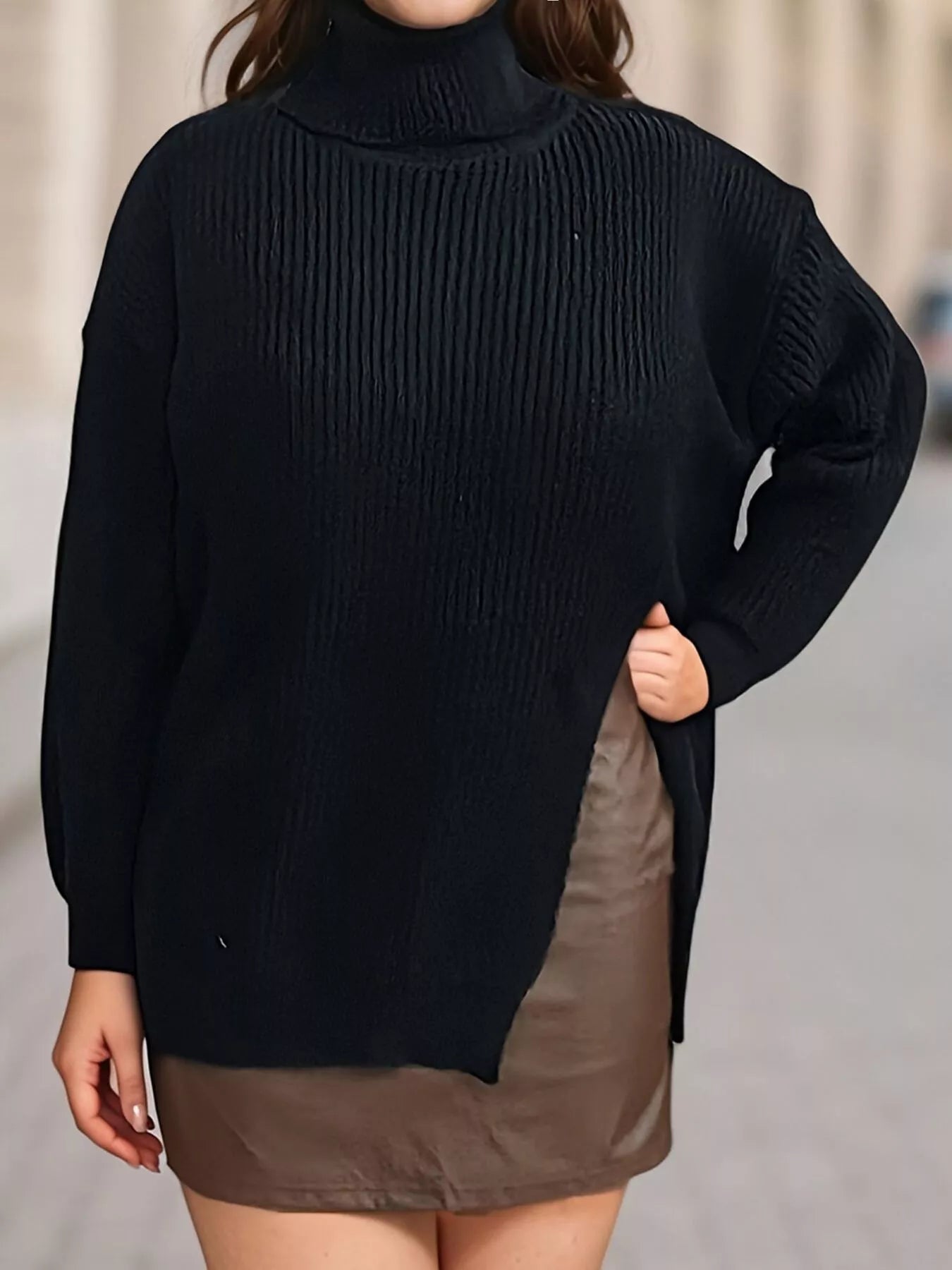 Trendsi Plus Size Side Slit Ribbed Turtleneck Sweater -