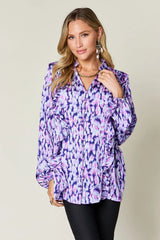 Trendsi Double Take Full Size Printed Ruffle Trim Balloon Sleeve Shirt -