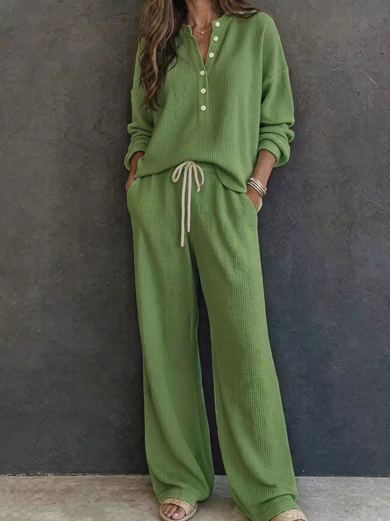 Trendsi Waffle Knit Henley Top and Wide Leg Pants Set -