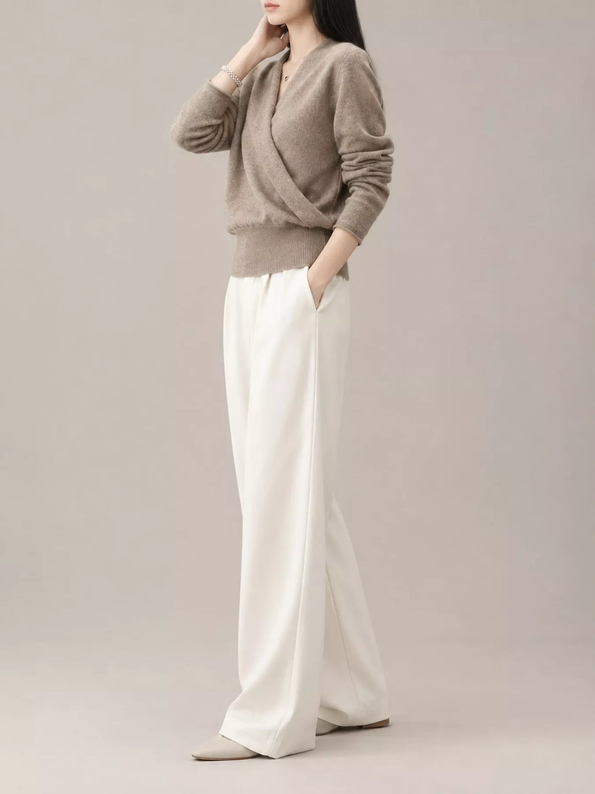 Taupe wrap-front sweater, side view