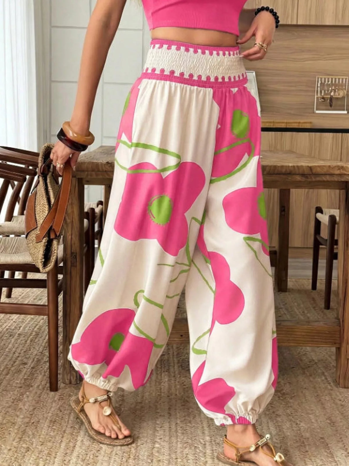 Pink floral print wide-leg pants