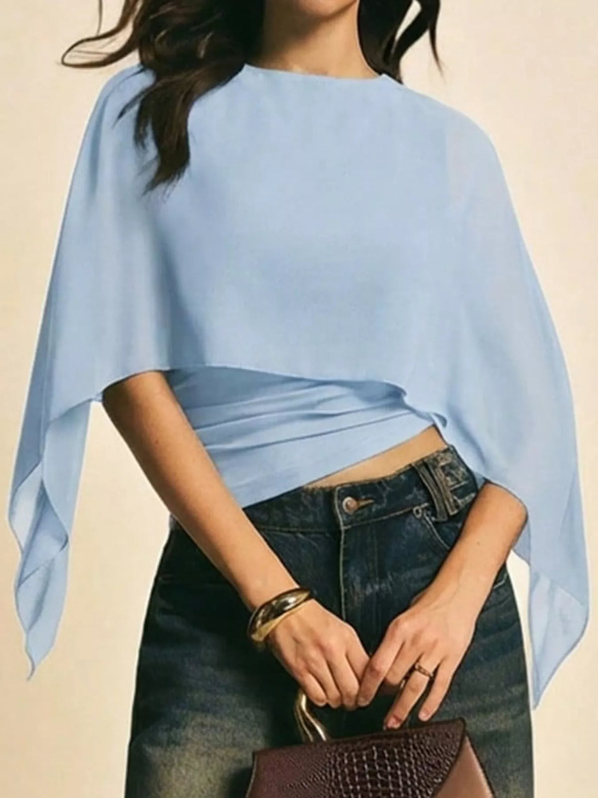 Light Blue cape sleeve round neck blouse