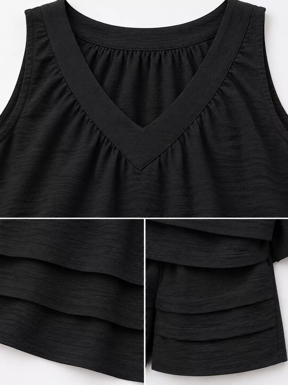 V-neck sleeveless outfit set, construction and design details