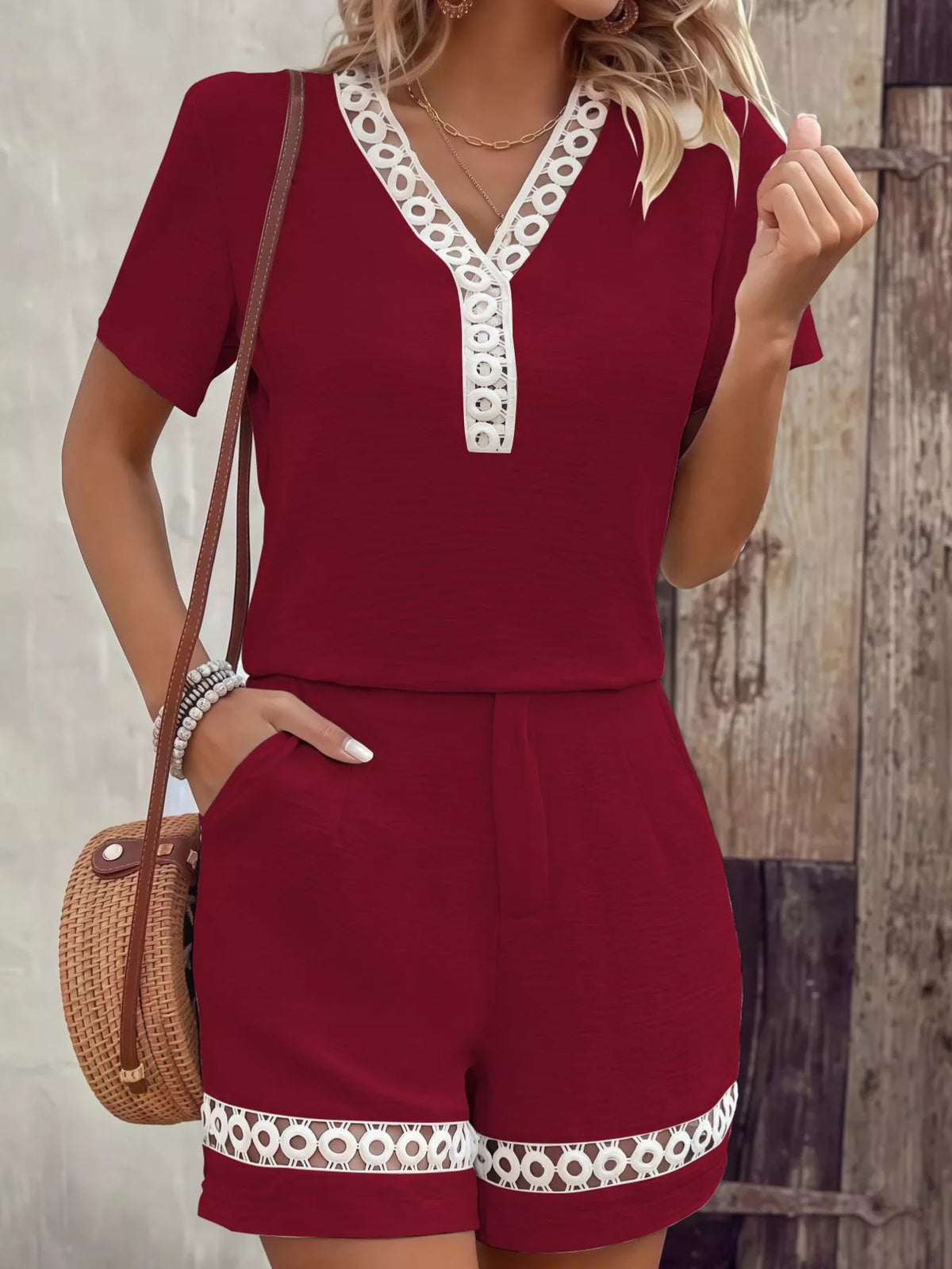 Lace Trim Short Sleeve Top and Shorts Set in burgundy, front view