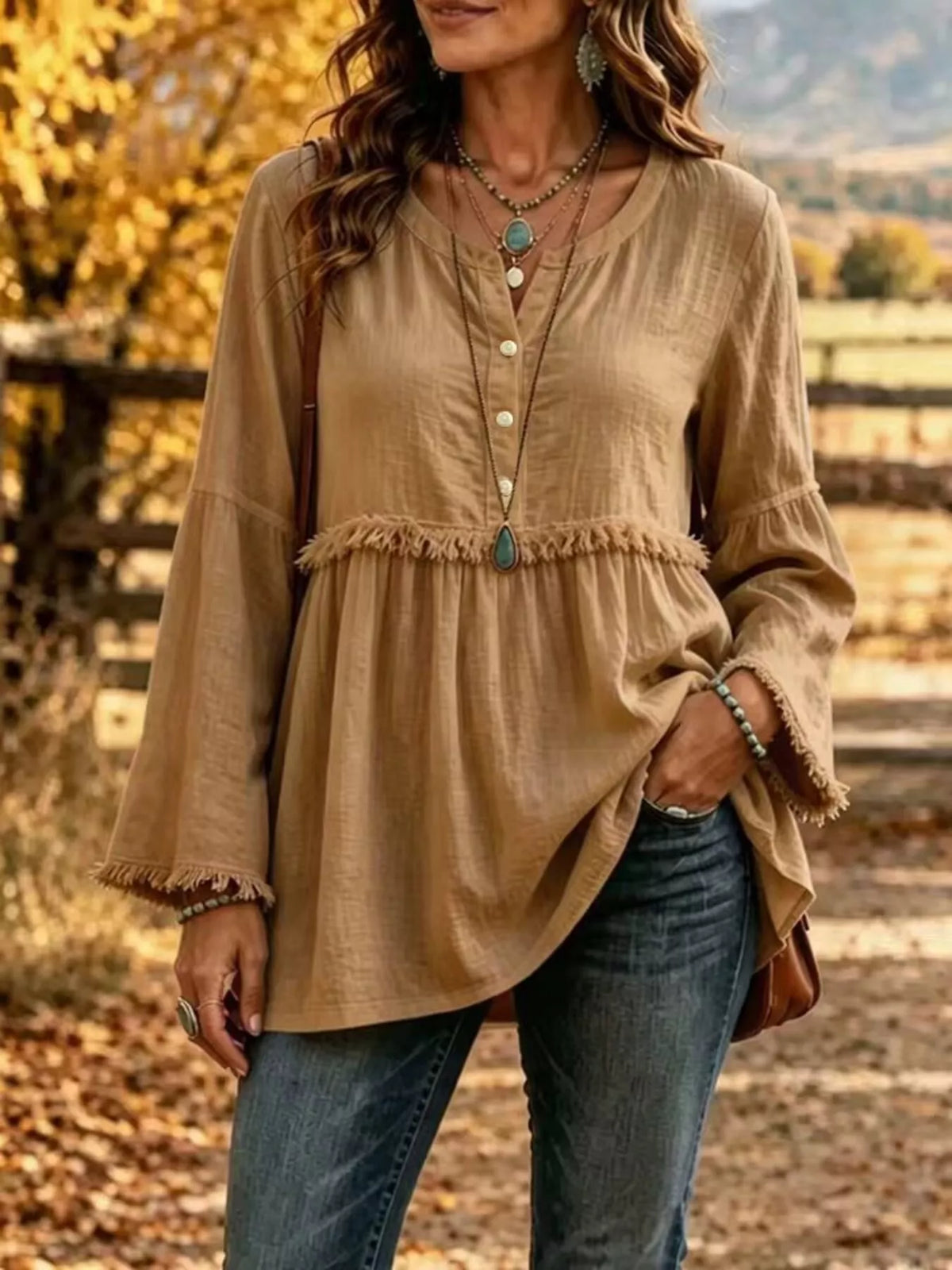 Camel fringed button detail blouse