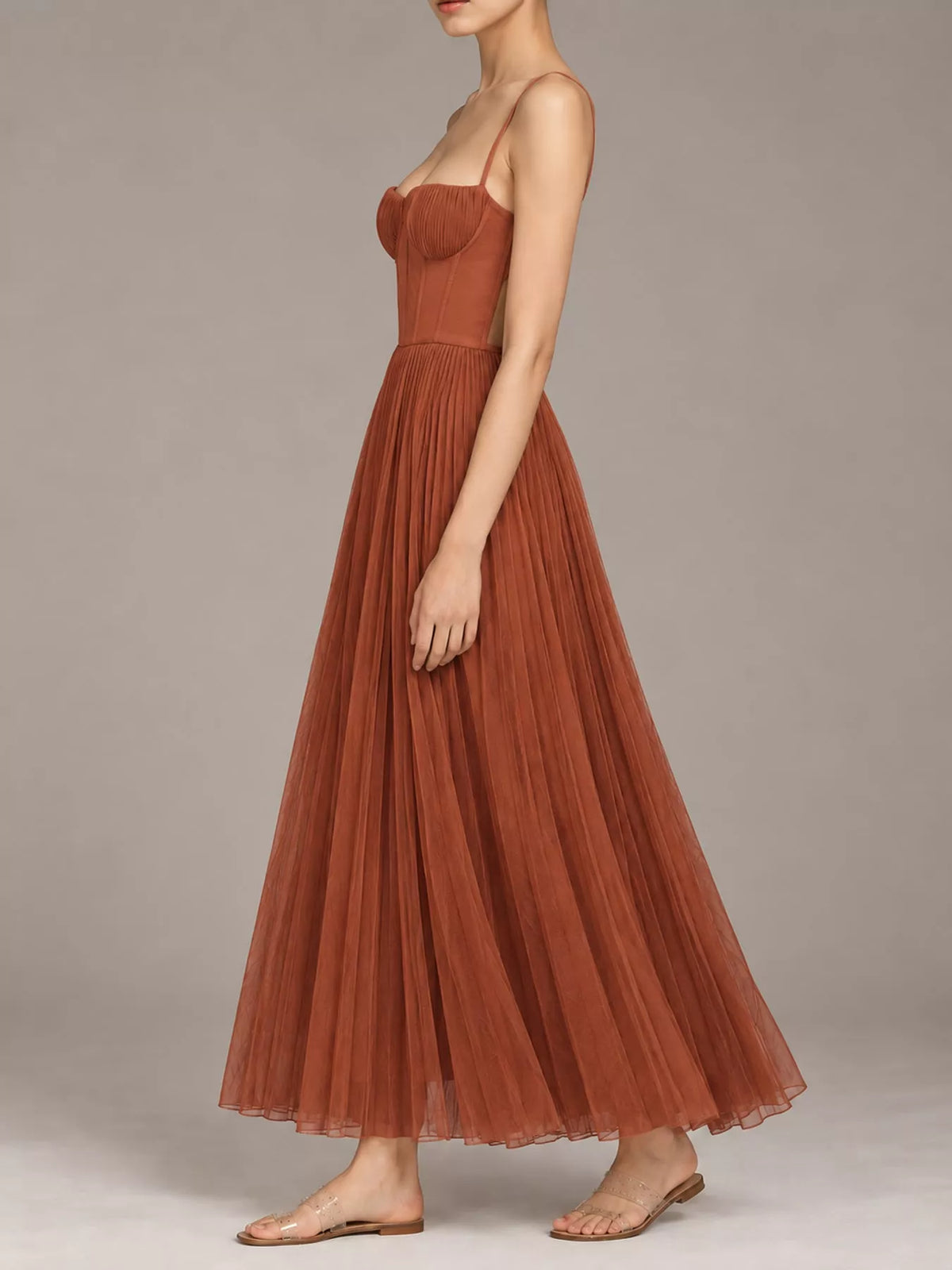 Rust pleated sweetheart neck midi dress — side view