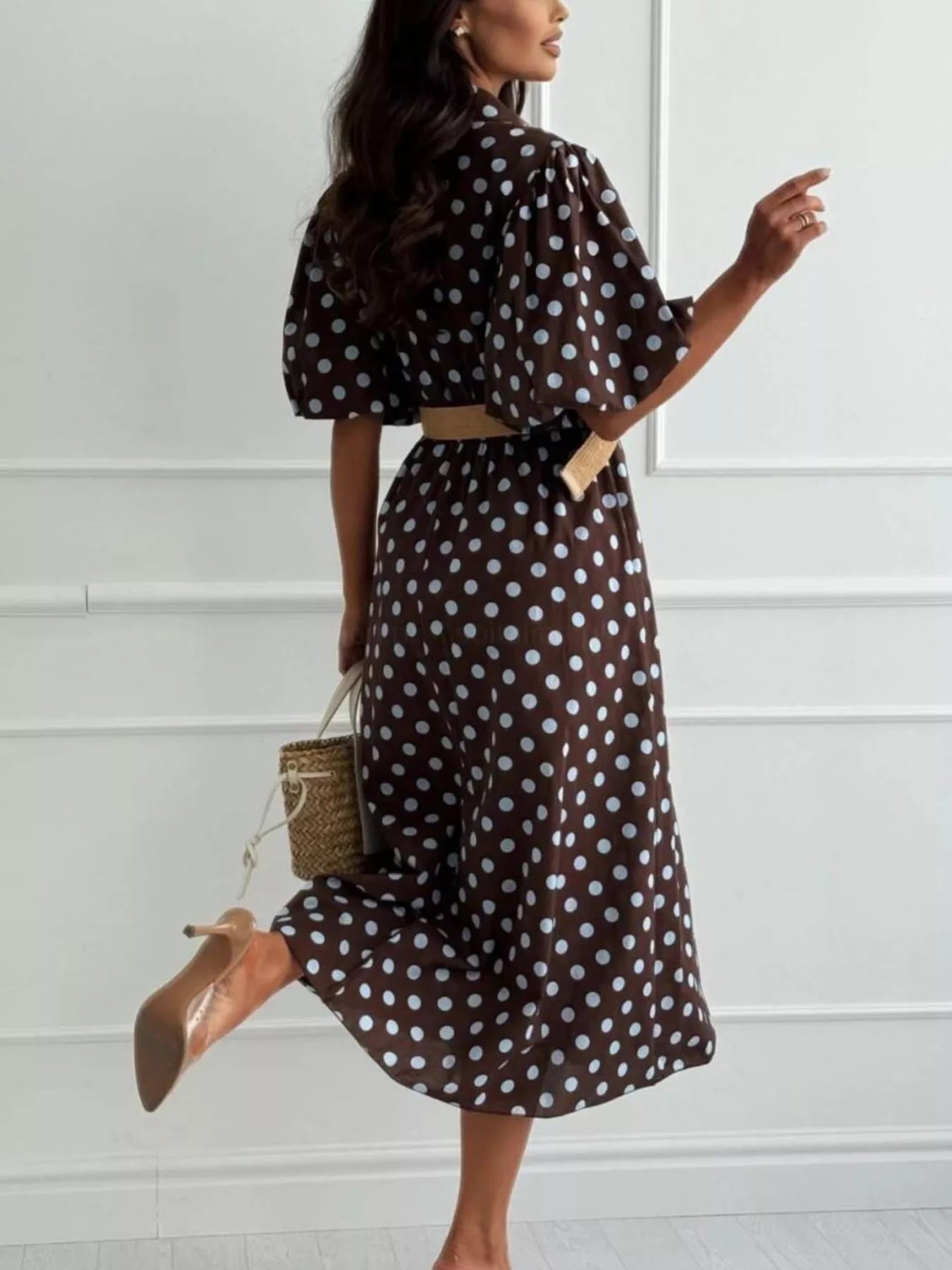 Trendsi Polka Dot Puff Sleeve Midi Dress -