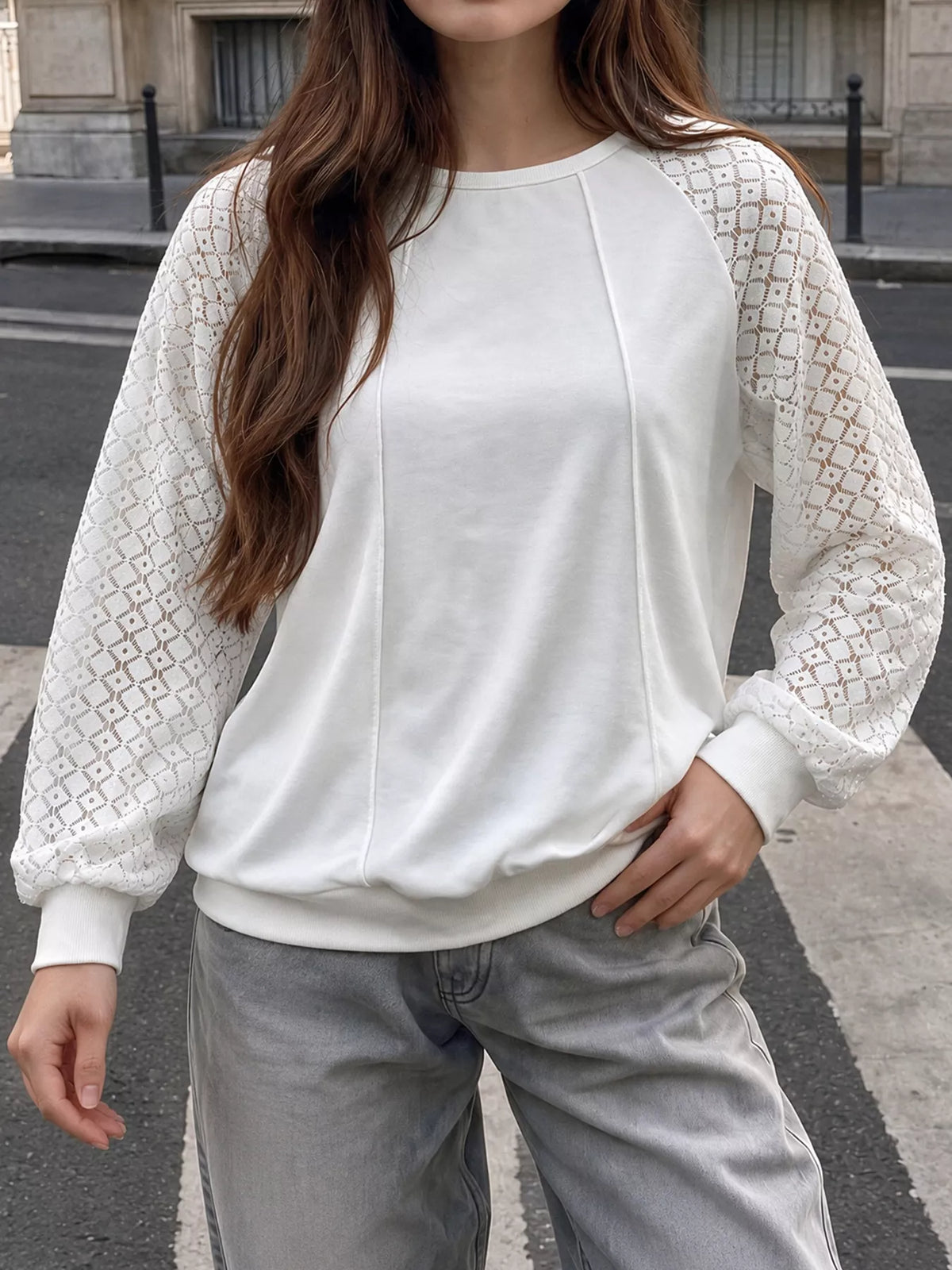 White lace raglan sleeve sweatshirt, front view