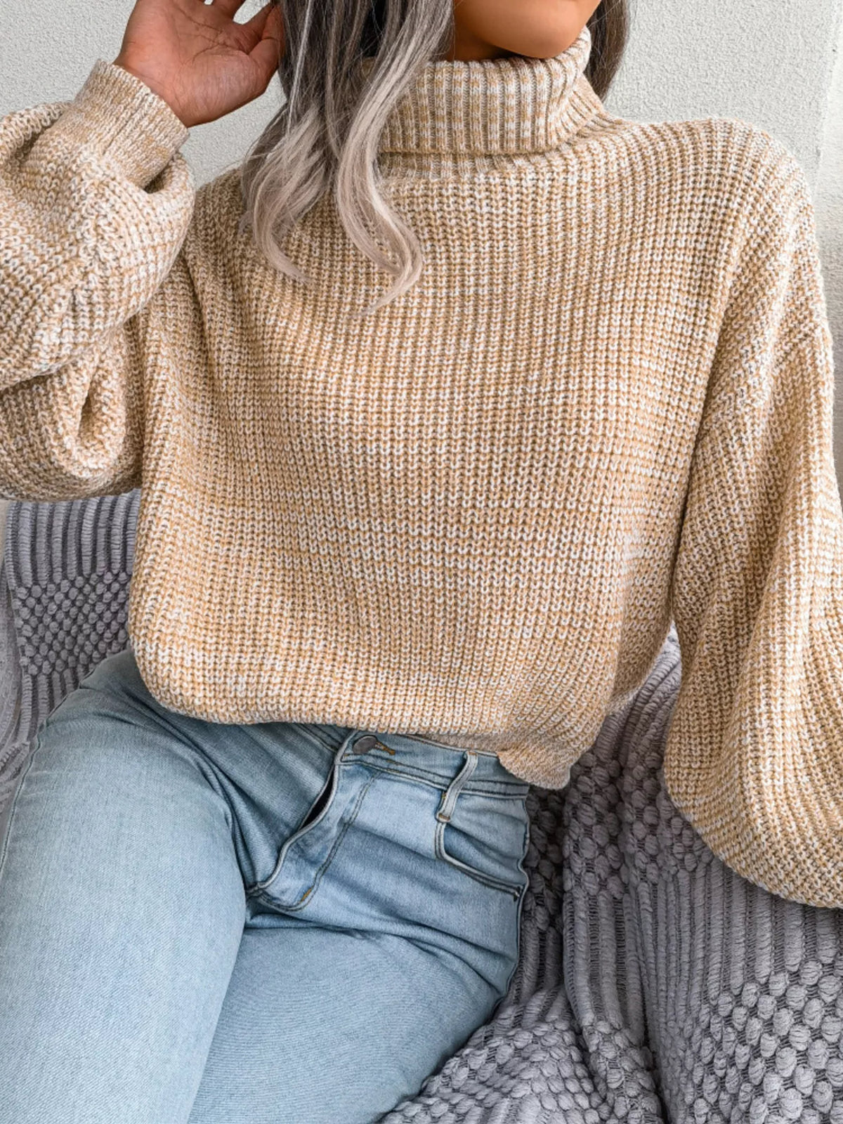 Turtleneck Dropped Shoulder Sweater in beige, front view