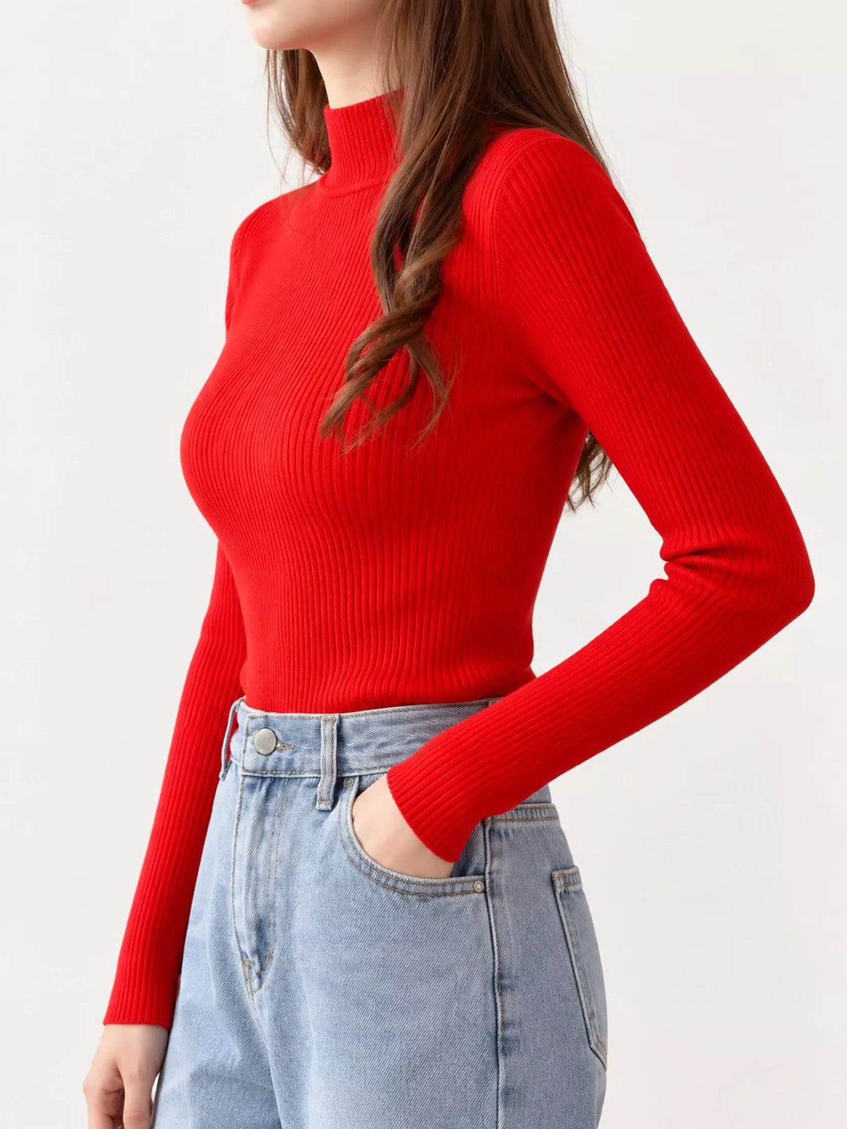 Red ribbed mock neck long sleeve knit top