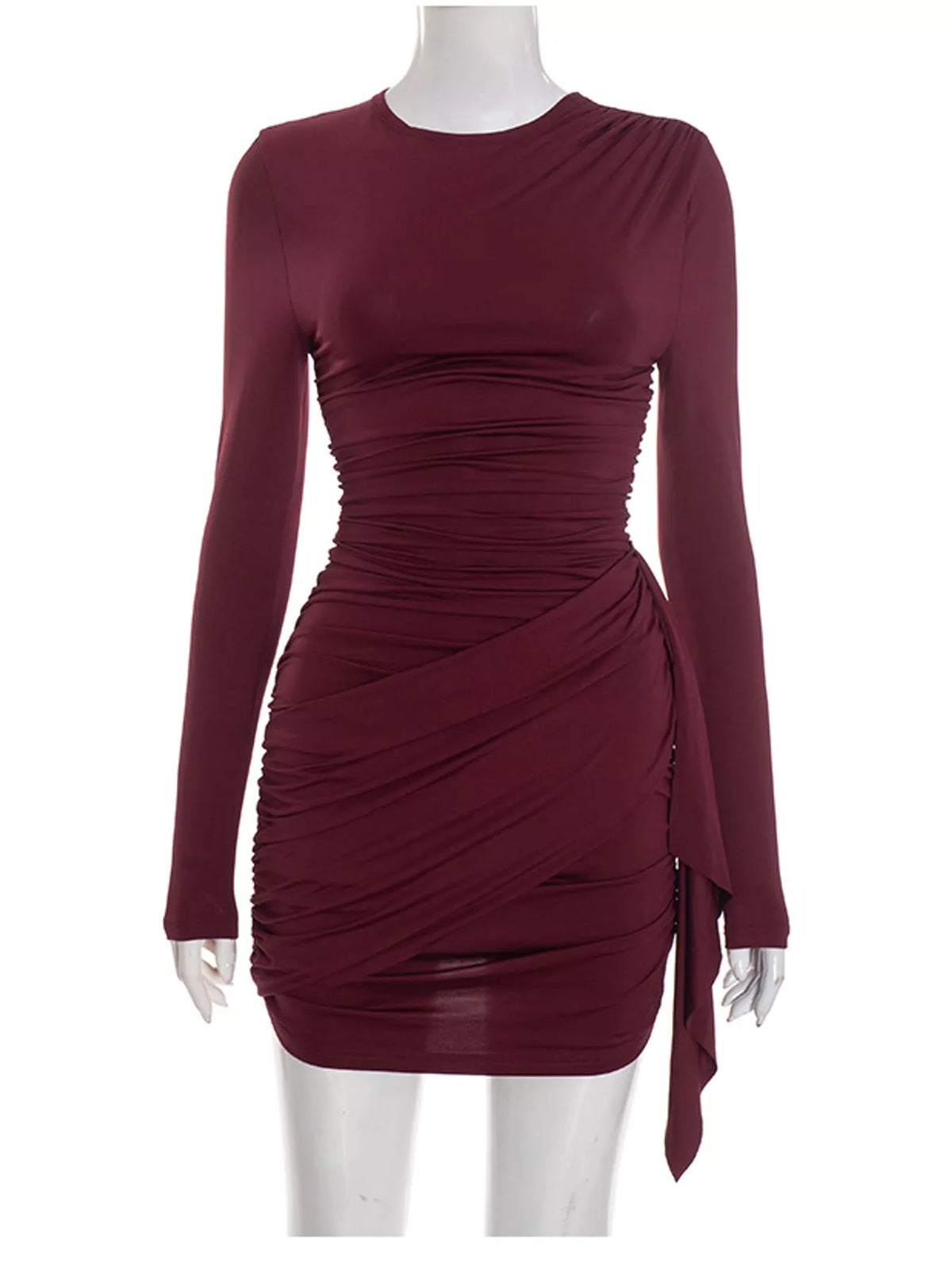 Burgundy long sleeve ruched bodycon mini dress, front view