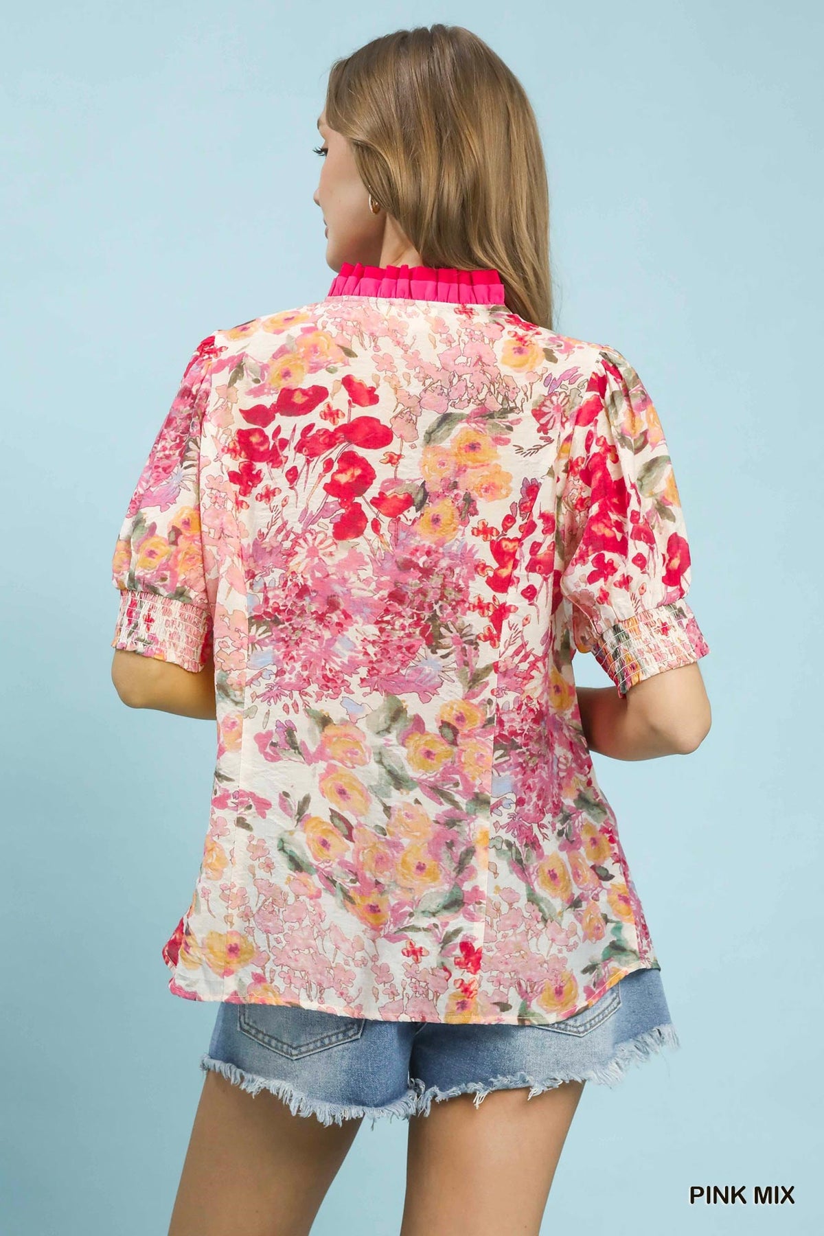 Women's Floral Contrast Pleat-Neck Short Sleeve Top — product view 3