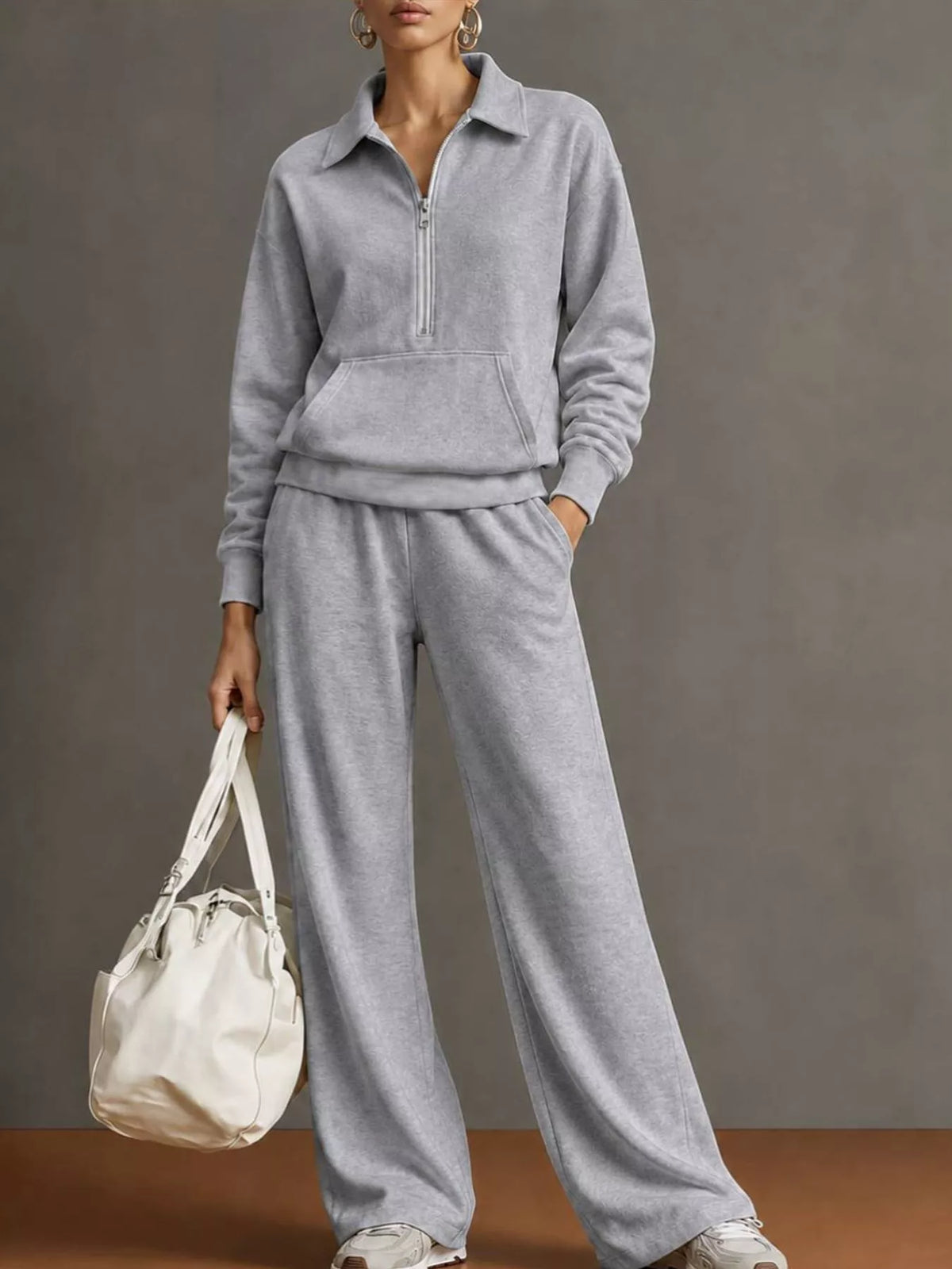 Half Zip Long Sleeve Top and Pants Set — front view