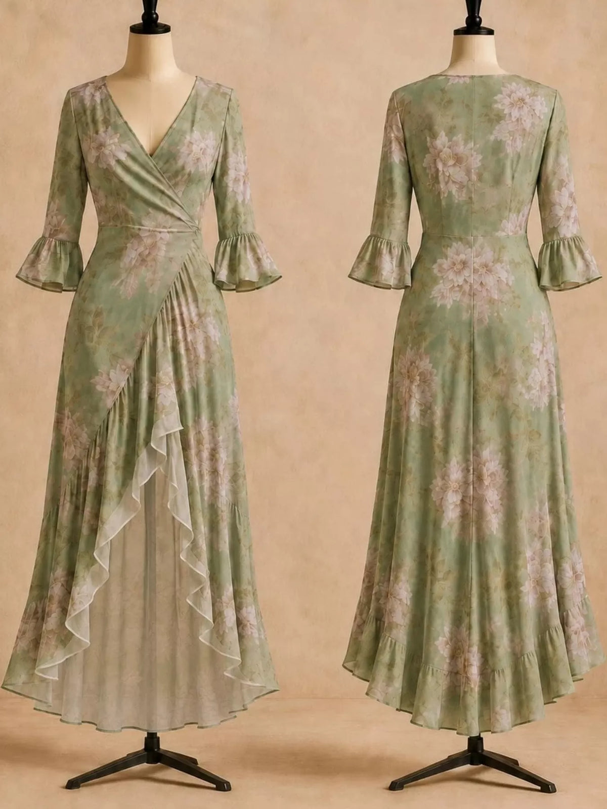 High-low maxi dress, green floral mannequin front and back