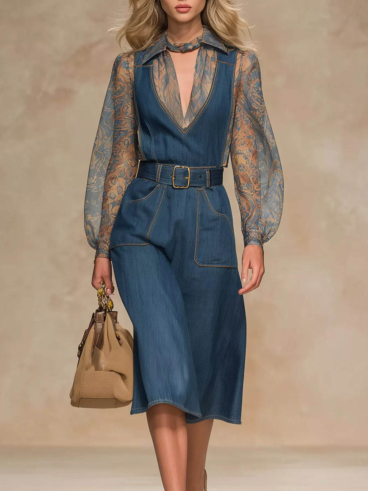 Trendsi Sheer Floral Sleeves Denim Dress -