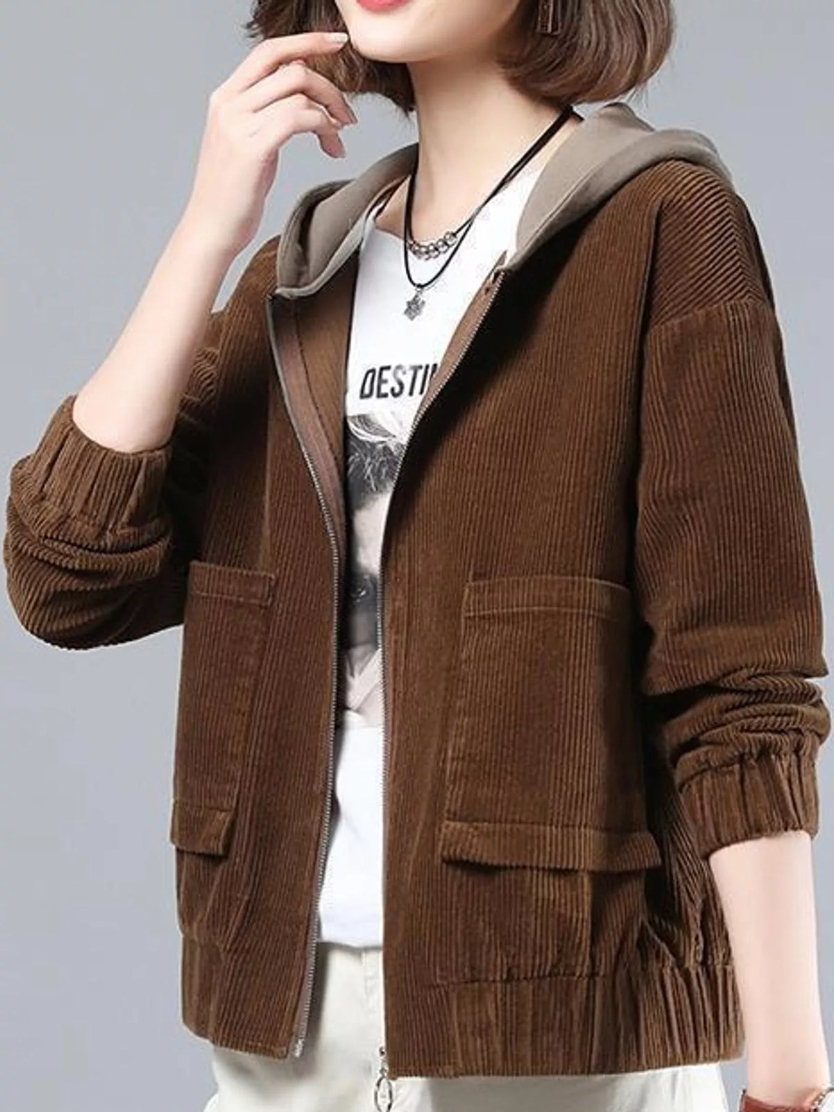 Brown corduroy hooded zip-up jacket — front view