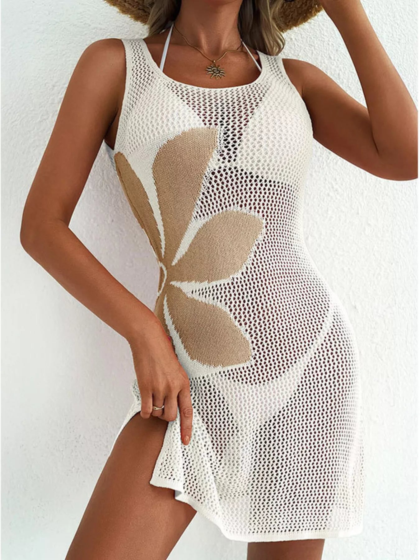 Trendsi Side Slit Flower Crochet Knit Cover Up Dress -