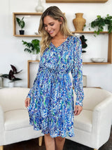 Trendsi Double Take Full Size Printed Drawstring Waist Long Sleeve Dress -
