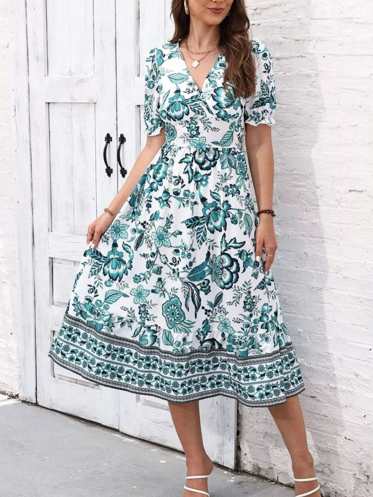 Trendsi Floral Print Puff Sleeve Wrap Midi Dress -