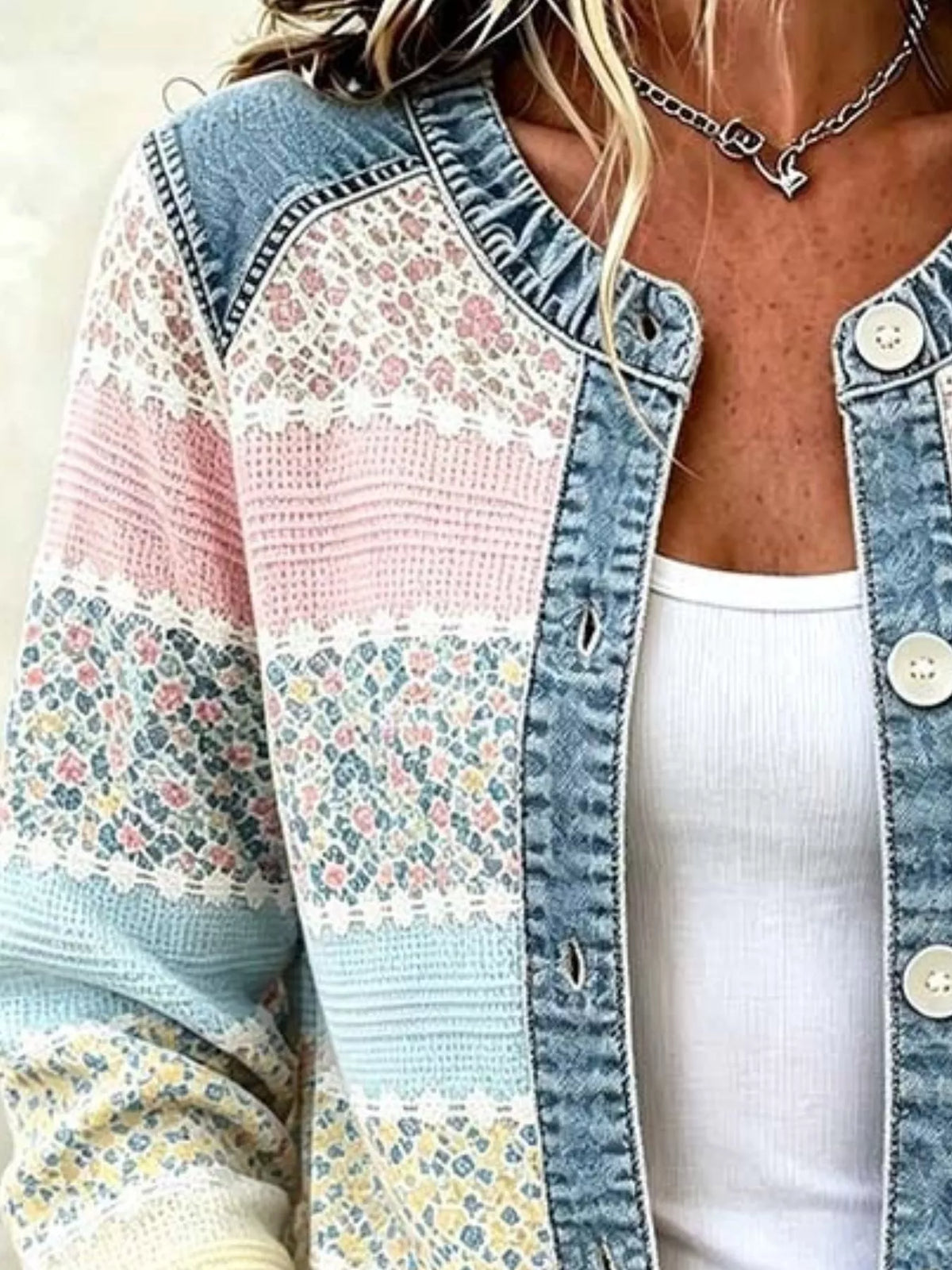 Floral patchwork denim-trim jacket