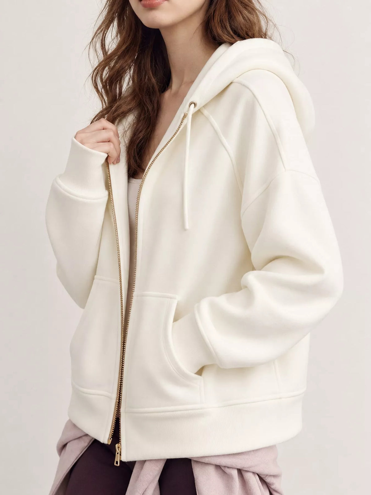 Women's Zip Up Raglan Sleeve Hoodie in cream — side view
