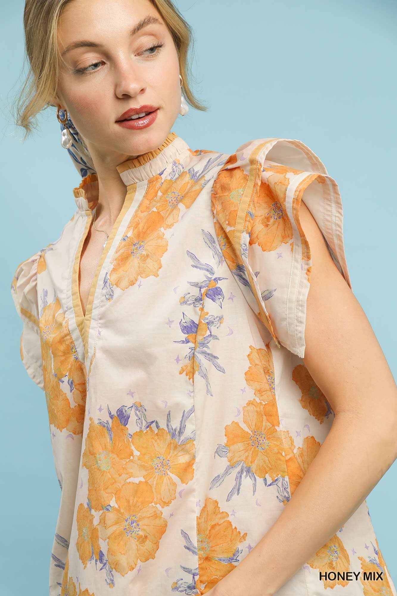 Women's Floral Cotton Split-Neck Blouse With Double Ruffle Sleeves — product view 3
