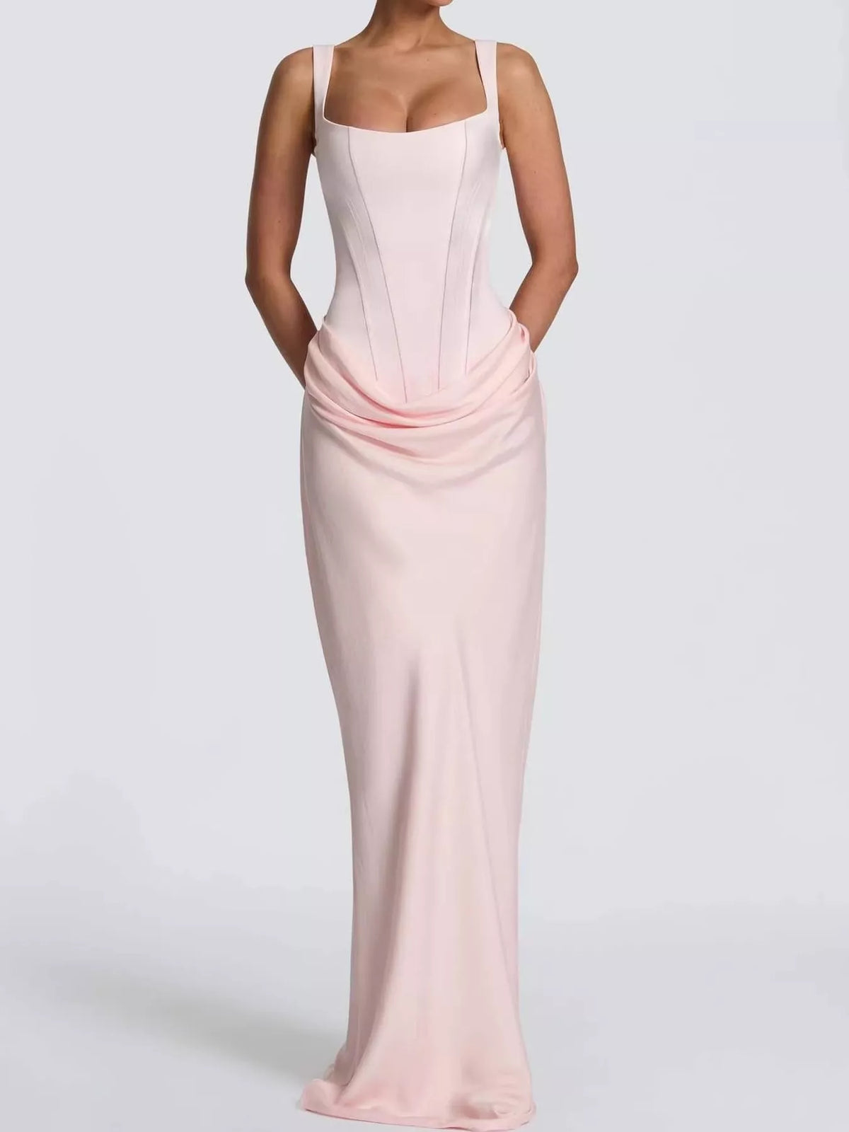 Square neck sleeveless maxi dress, front view on model