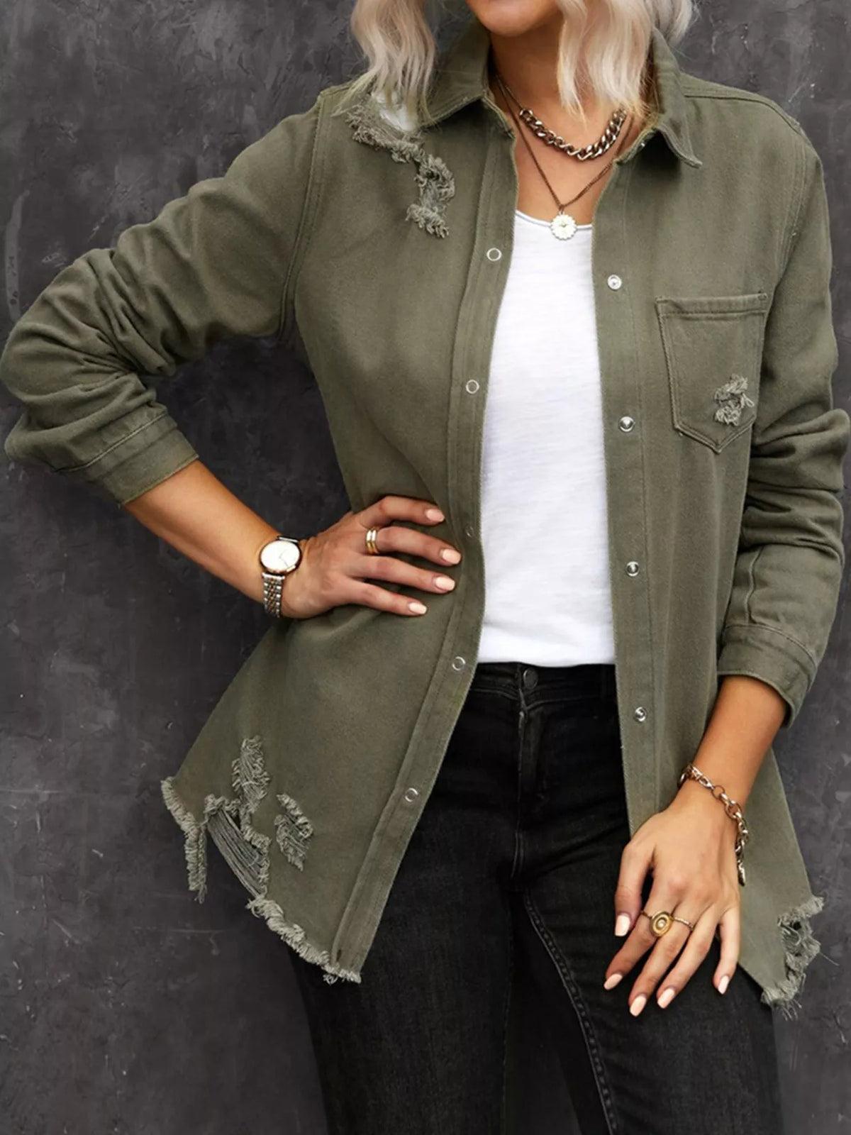 Trendsi Raw Hem Distressed Denim Shirt Jacket -