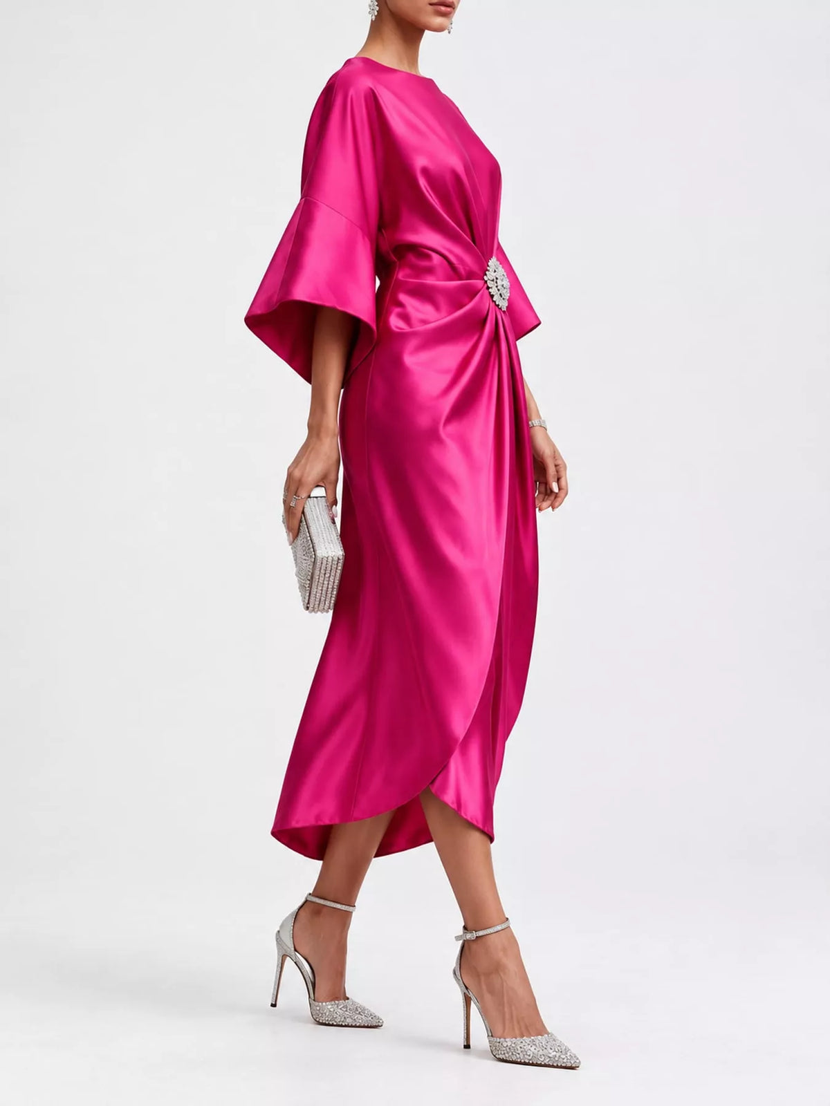 Hot Pink satin draped brooch evening dress